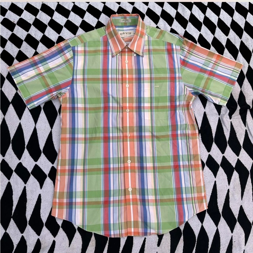 Orvis Mens Plaid Button Down Short Sleeve Shirt